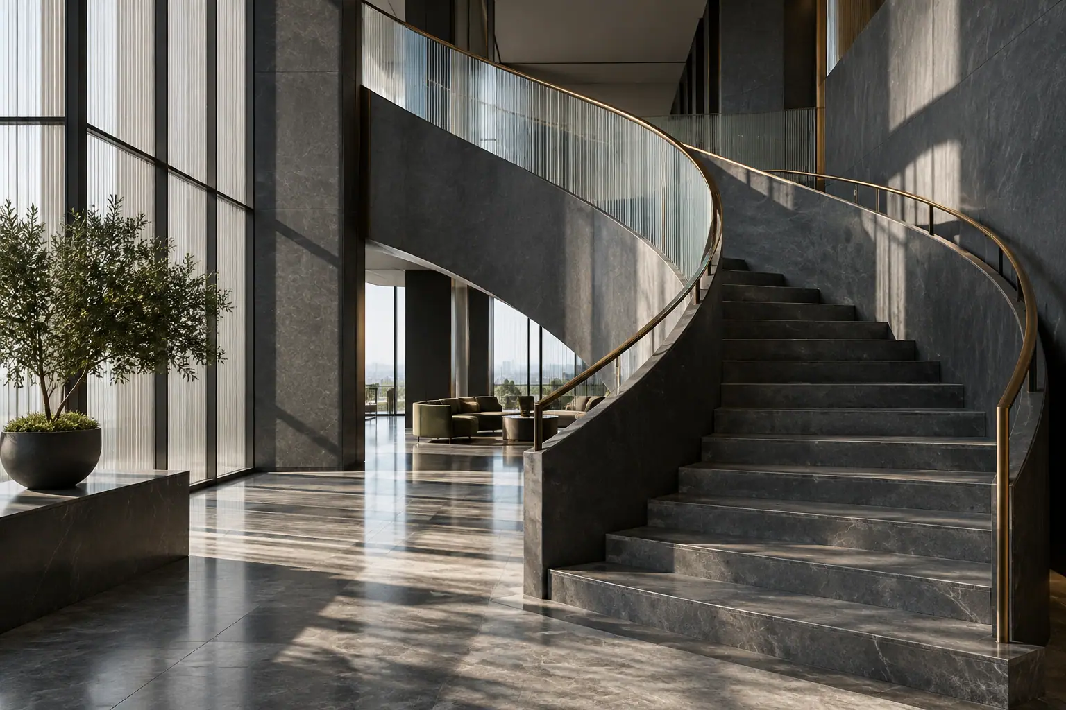 Illustrative commercial office atrium stairwell