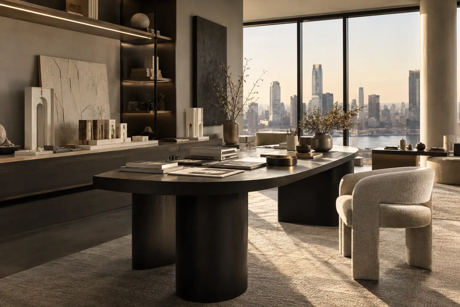 Illustrative creative workspace with city view